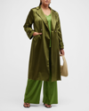 Gabriella Rossetti Caterina Belted Stretch Satin Trench Coat In Leaf Green