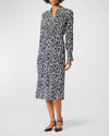 Equipment Thea Animal Print Long Sleeve Silk Midi Dress In Medieval Blue Mul