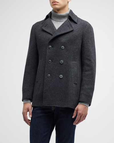 Neiman Marcus Men's Knit Double-breasted Peacoat In Charcoal