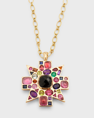 Verdura 18k Yellow Gold Black Spinel, Rubellite And Coloured Stone Byzantine Pendant-brooch Necklace