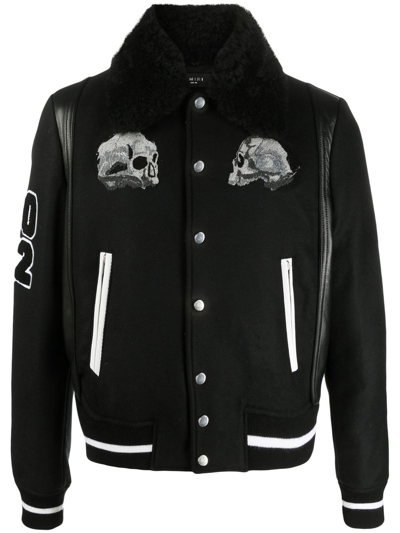 Amiri X Wes Lang Skull Patch Wool Blend Varsity Jacket With Genuine Shearling Collar In Black