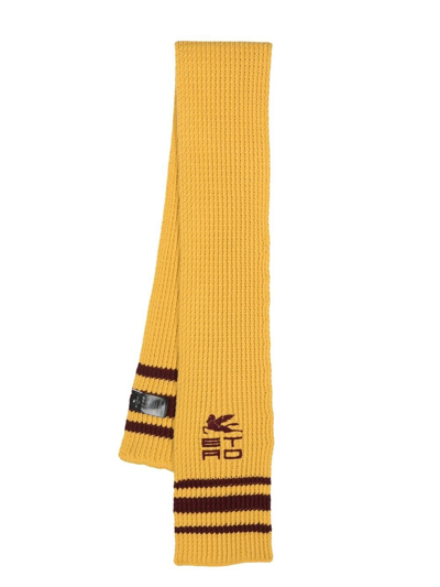 Etro Embroidered-logo Knit Scarf In Yellow
