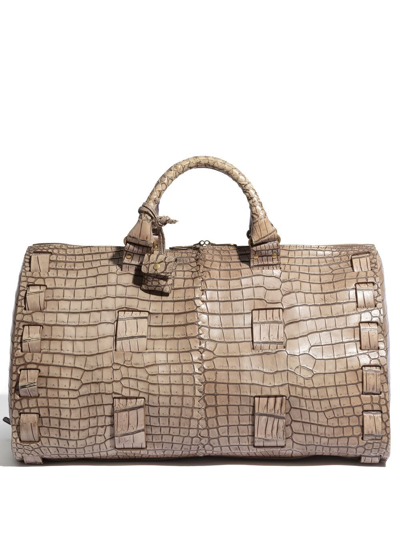 Pre-owned Bottega Veneta Crocodile-effect Weekend Duffle Bag In Neutrals