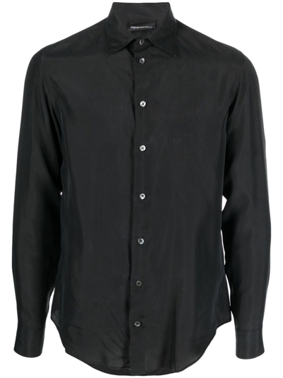 Emporio Armani Nylon Stretch Regular Fit Button Down Shirt In Black