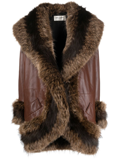 Saint Laurent Faux-fur Trim Oversize Coat In Brown