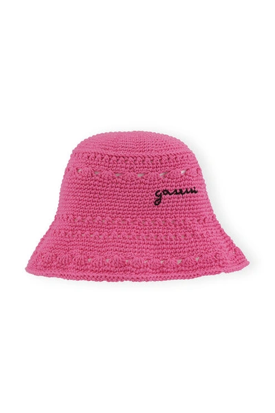 Ganni Embroidered Crocheted Organic Cotton Bucket Hat In Shocking Pink