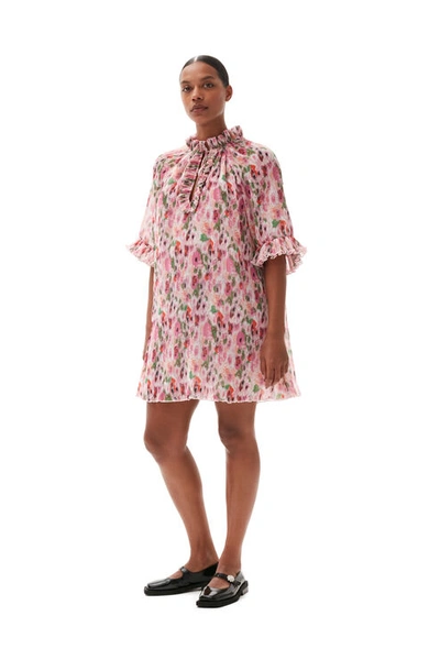 Ganni Pleated Georgette Ruffle V-neck Mini Dress In Pink