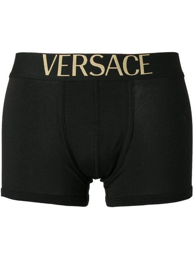 Versace Logo Stretch Cotton Jersey Boxer Briefs In Black