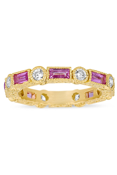 Tanya Farah Modern Etruscan Pink Sapphire Baguette & Diamond Stack Ring In Gold