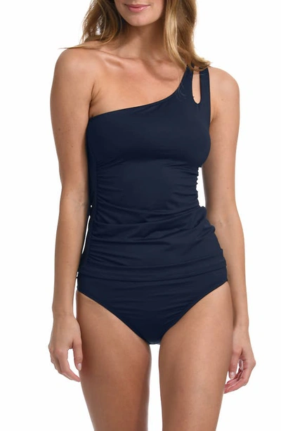 La Blanca Island Goddess Ruched One-shoulder Tankini Top In Indigo