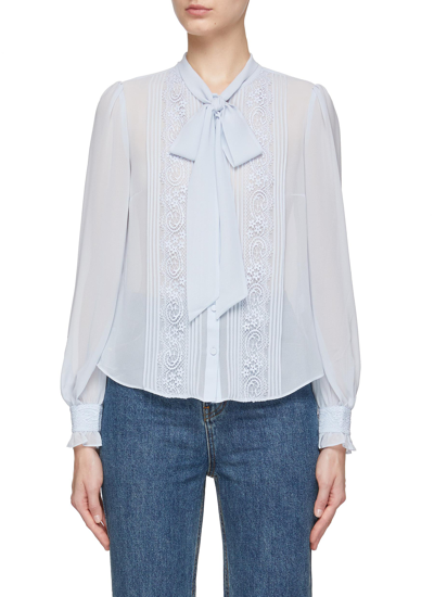 Self-portrait Self Tie Neck Lace Panel Long Sleeve Chiffon Blouse In Blue