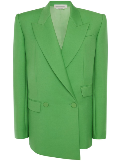 Alexander Mcqueen Drop-hem Double-breasted Boxy Blazer Jacket In Acid Green