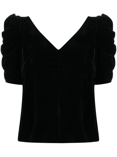 Frame Ruched Sleeve Velvet Top In Black
