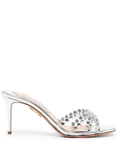 Aquazzura Tequila Crystal-embellished Leather Heeled Mules In Silver