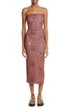 Miaou Lila Atlas Print Strapless Mesh Midi Dress In Pink