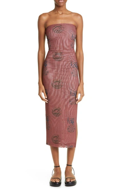 Miaou Lila Atlas Print Strapless Mesh Midi Dress In Pink