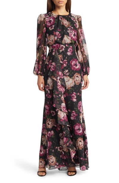 Eliza J Floral Metallic Long Sleeve Maxi Dress In Black