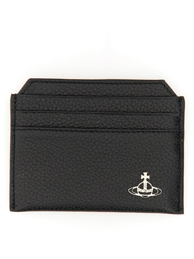 Vivienne Westwood Black Card Holder With Orb Detail On The Front In Grained Leather Woman