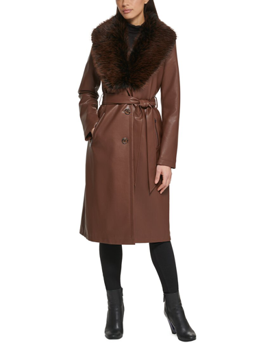 Kenneth Cole Women's Faux-fur-trim Faux-leather Coat In Coffee