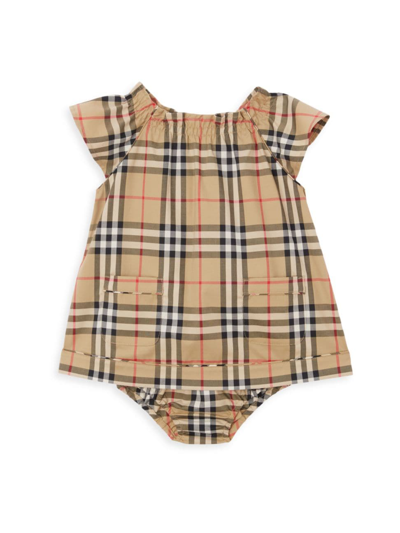 Burberry Childrens Vintage Check Stretch Cotton Dress With Bloomers In Archive Beige