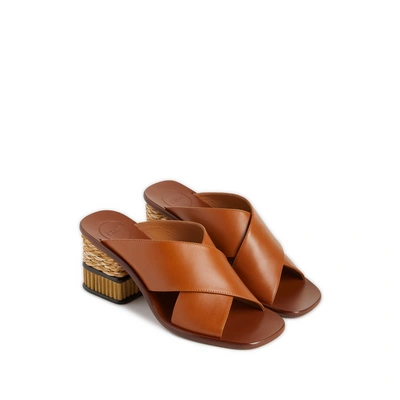 Chloé Mules Laia En Cuir Et Raphia In Brown