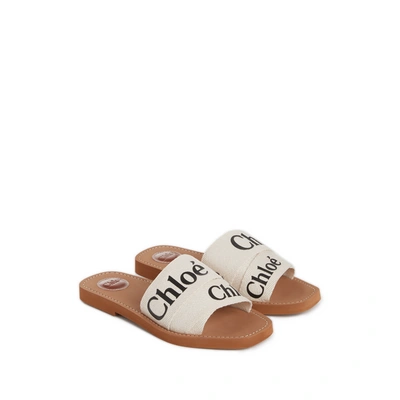 Chloé Woody Flat Logo Ribbon Slide Sandals In White