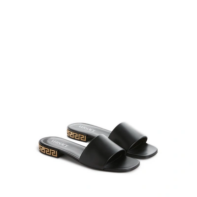 Versace Greca Calfskin Flat Mule Sandals In Black