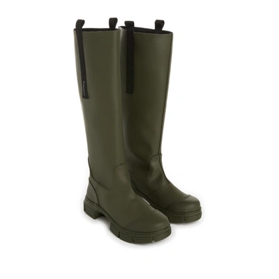 Ganni 45mm Tall Rubber Rain Boots In Military Green