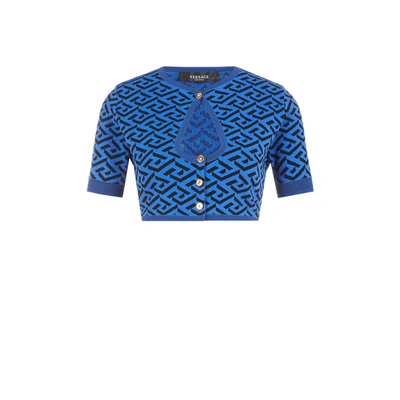 Versace La Greca Stretch Viscose Blend Cardigan In Blu