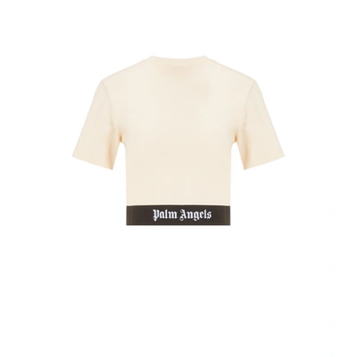 Palm Angels Cream Logo Cropped Cotton T-shirt In White