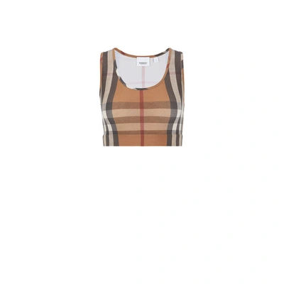Burberry Cropped Checked Stretch-jersey Top In Brown