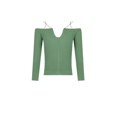 Jacquemus Tordu Cold-shoulder Ribbed-knit Cardigan In Green