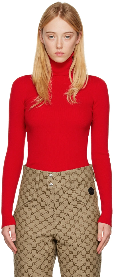 Gucci Fine Rib Wool Turtleneck Sweater In Red