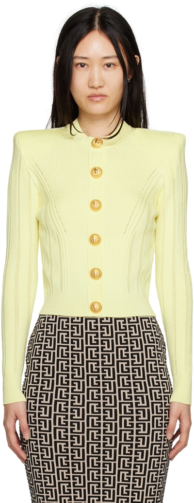 Balmain Knit Cardigan With Gold Buttons In Jaune Pale