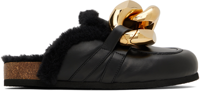 Jw Anderson Chain Shearling-lined Leather Loafers In Black