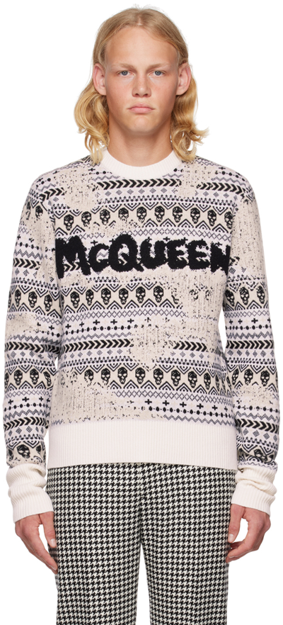 Alexander Mcqueen Fair Isle Graffiti Logo Wool Sweater In Neutrals
