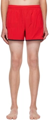 ALEXANDER MCQUEEN RED EMBROIDERED SWIM SHORTS