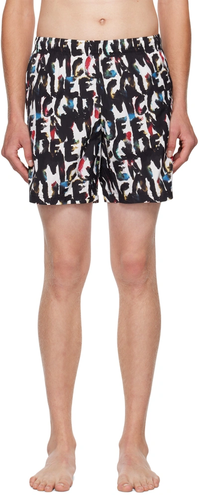 Alexander Mcqueen Men's Watercolor Graffiti Swim Shorts In White/multicolour