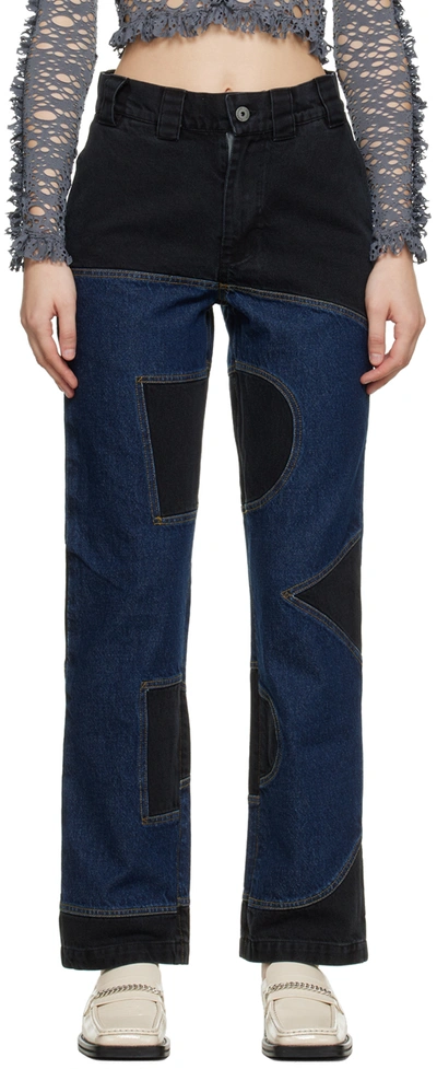 Barragan Ssense Exclusive Blue & Black B-bottom Panel Jeans In Indigo Blue/faded Bl