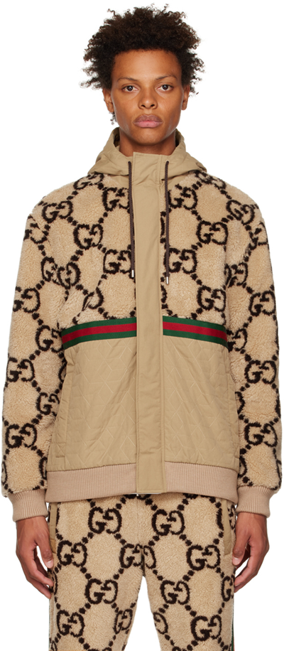 Gucci Gg-jacquard Wool-blend Fleece Track Jacket In Marrone