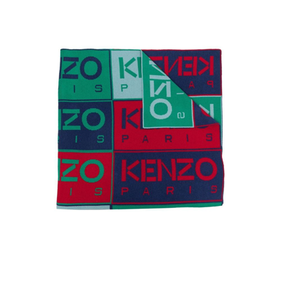 Kenzo Multicoloured Logo Box Wool Scarf In Green
