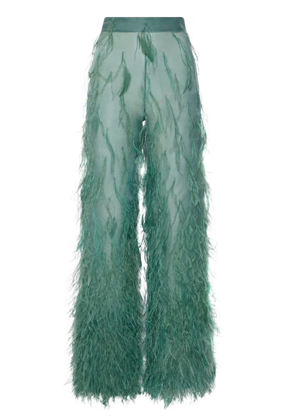 Sally Lapointe Organza Ombre Feather Embroidery Trouser In Sea Green