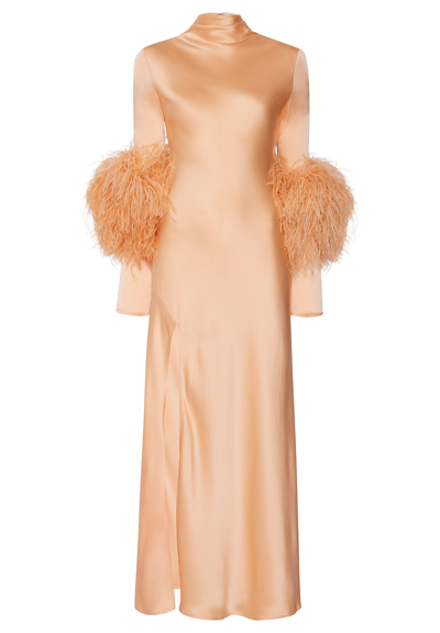 Sally Lapointe Satin Bias Feather Dress With Slit In Melon