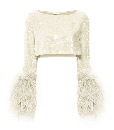 Lapointe Sequin Cropped Top With Feathers In Cream