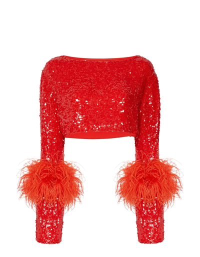 Sally Lapointe Sequin Cropped Top With Feathers In Poppy