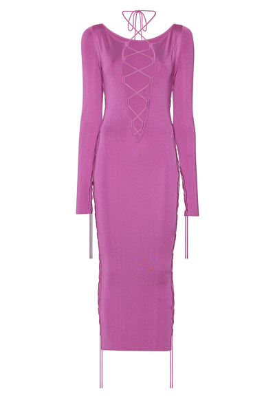 Sally Lapointe Shiny Viscose Longsleeve Lace Up Dress In Orchid
