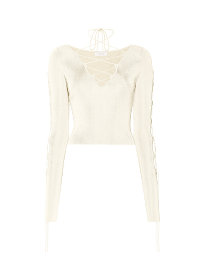 Sally Lapointe Shiny Viscose Longsleeve Lace Up Top In Cream