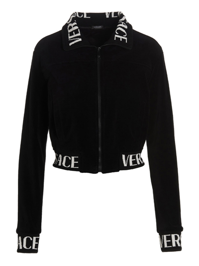 Versace Cropped Velvet Sweatshirt In Black