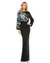 Mac Duggal Embellished Multi Color Floral High Neck Gown In Black Multi