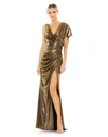 Mac Duggal Metallic Draped Asymmetric Sheath Gown In Antique Gold